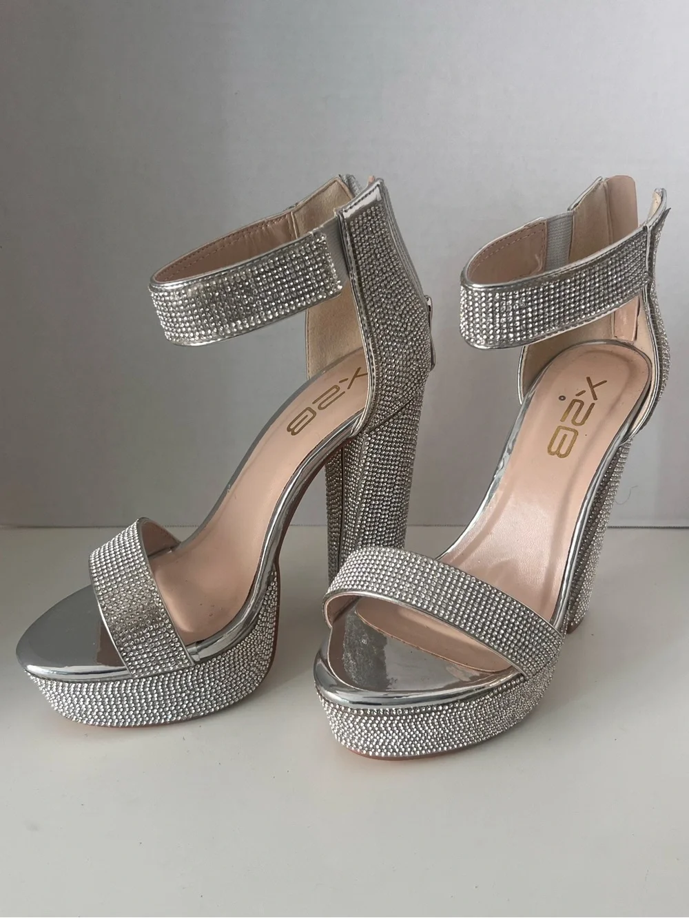 X-28 Silver Crystal Platform Ankle-Strap Heels
